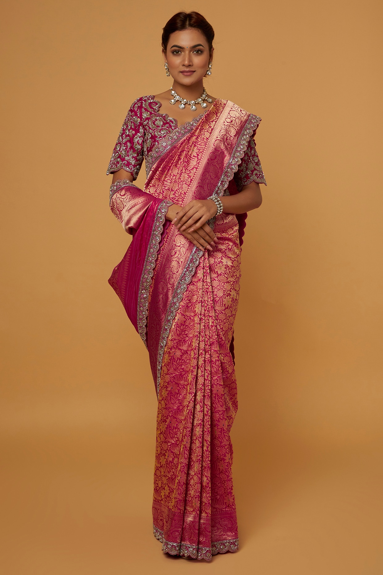 Rani Pink Banarasi Silk Saree with Stone Work - Urban Womania