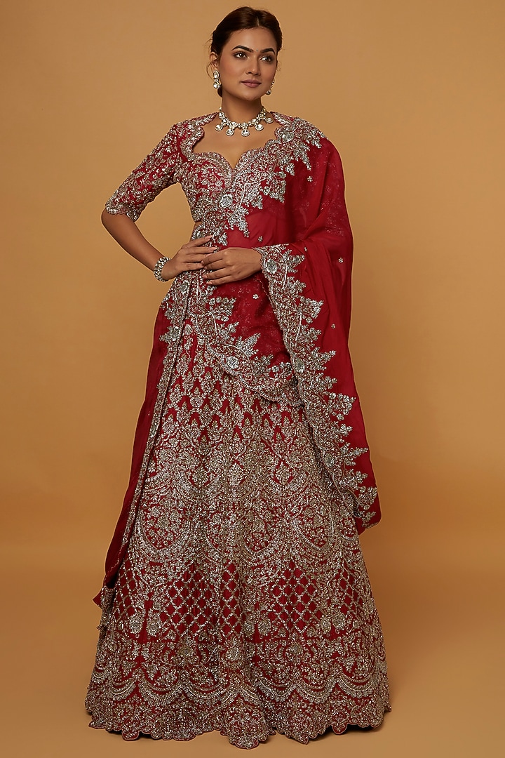 Red Raw Silk Embroidered Bridal Lehenga Set by Jayanti Reddy at Pernia's Pop Up Shop