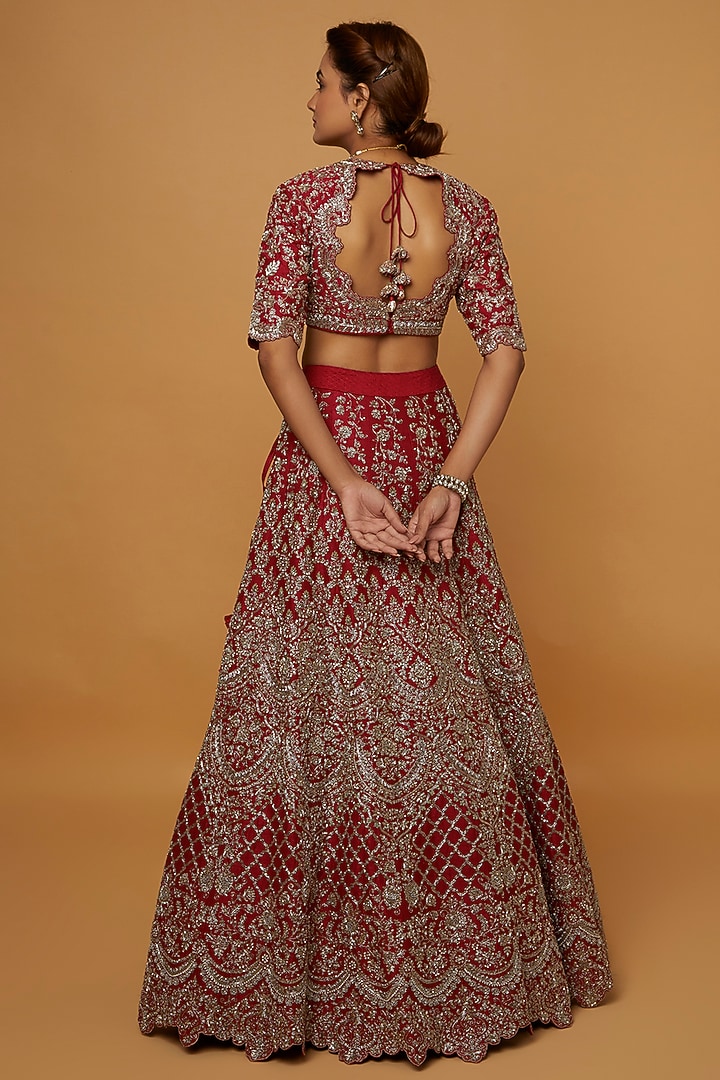 Red Raw Silk Embroidered Bridal Lehenga Set by Jayanti Reddy at Pernia's Pop Up Shop