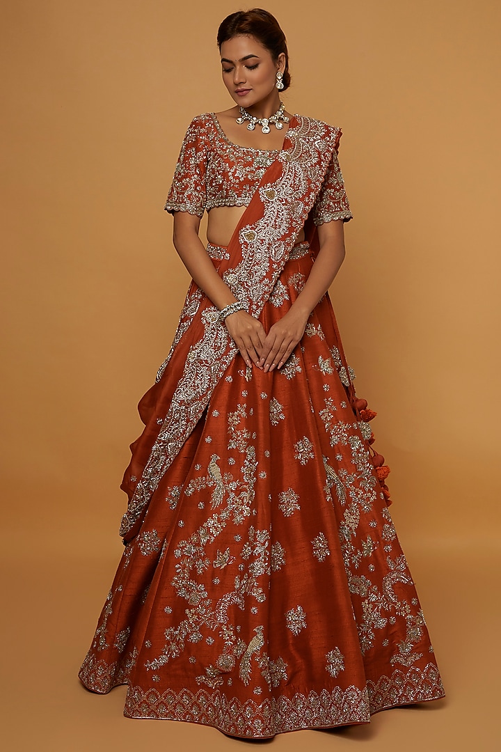 Orange Raw Silk Embroidered Lehenga Set by Jayanti Reddy