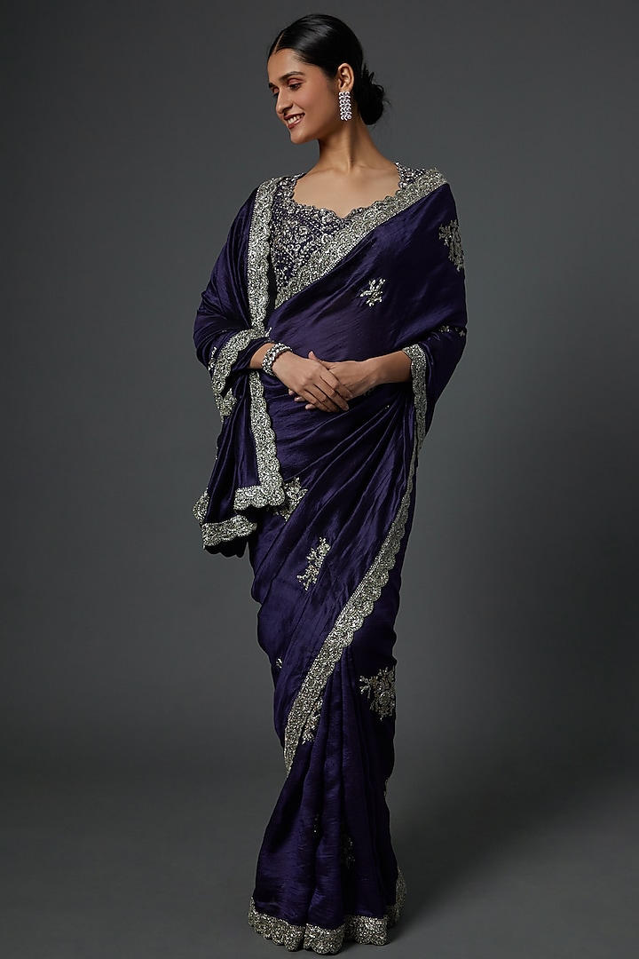 Purple Silk Embroidered Saree Set by Jayanti Reddy