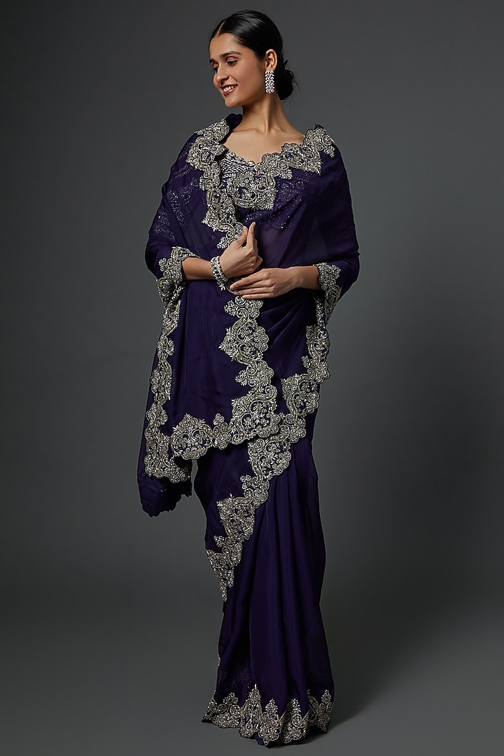Purple Zardosi Embroidered Saree Set by Jayanti Reddy