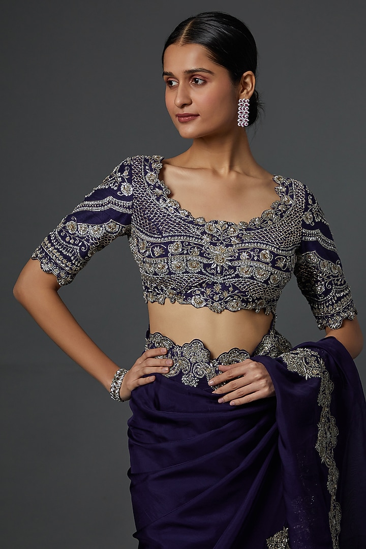 Purple Zardosi Embroidered Bridal Saree Set by Jayanti Reddy at Pernia's Pop Up Shop