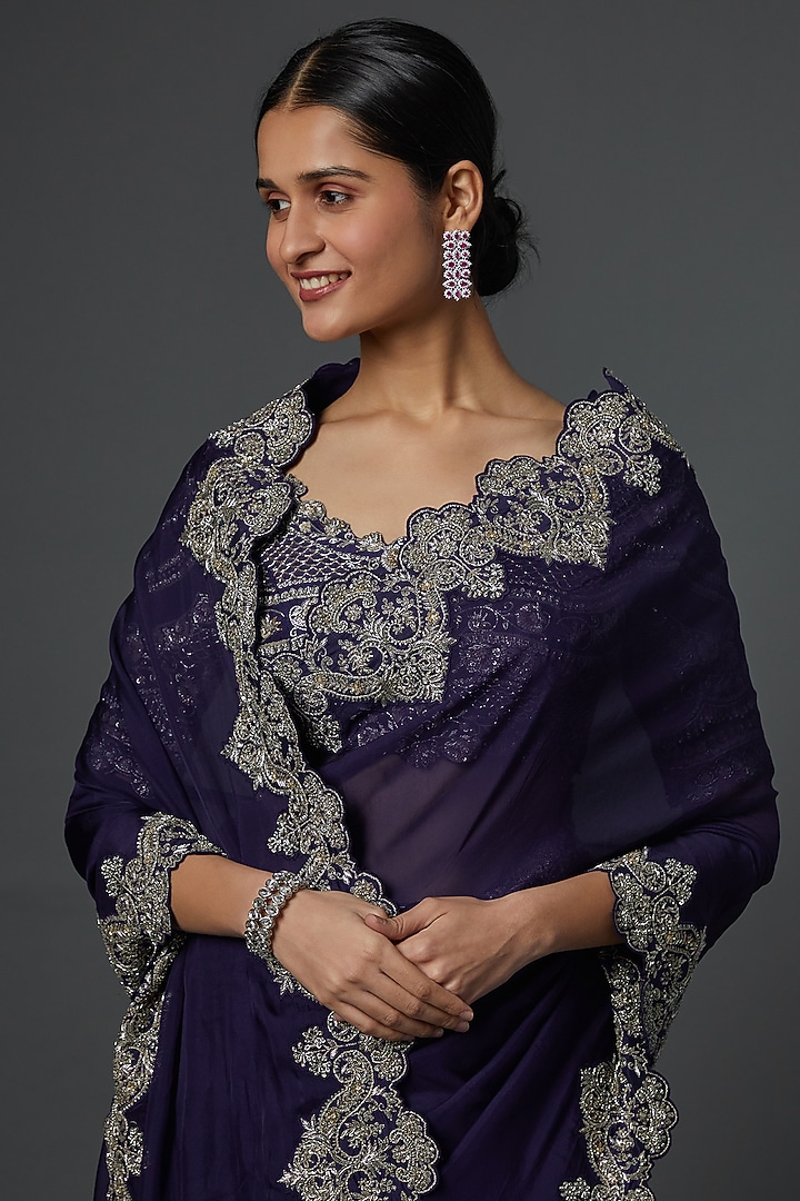 Purple Zardosi Embroidered Bridal Saree Set by Jayanti Reddy at Pernia's Pop Up Shop