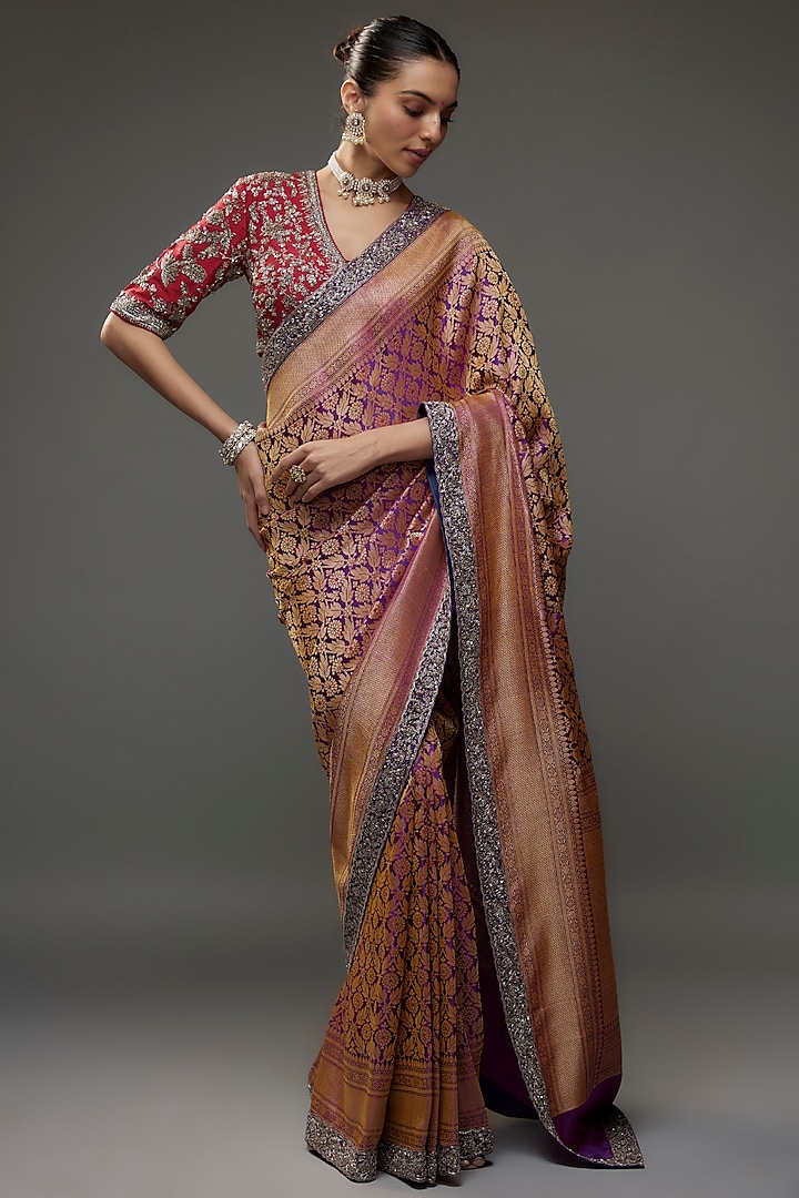 Purple Silk Zari Embroidered Banarasi Saree Set by Jayanti Reddy