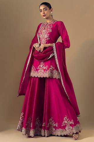 Rani Pink Silk Zari Embroidered Sharara Set by Jayanti Reddy