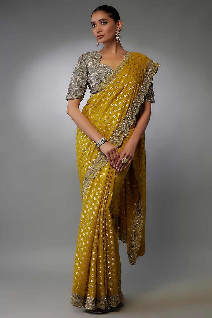 Mustard Chanderi Banarasi Embroidered Saree Set by Jayanti Reddy at Pernia's Pop Up Shop