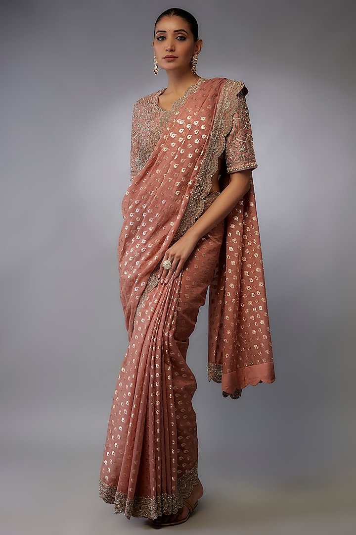 Peach Chanderi Banarasi Embroidered Saree Set by Jayanti Reddy at Pernia's Pop Up Shop