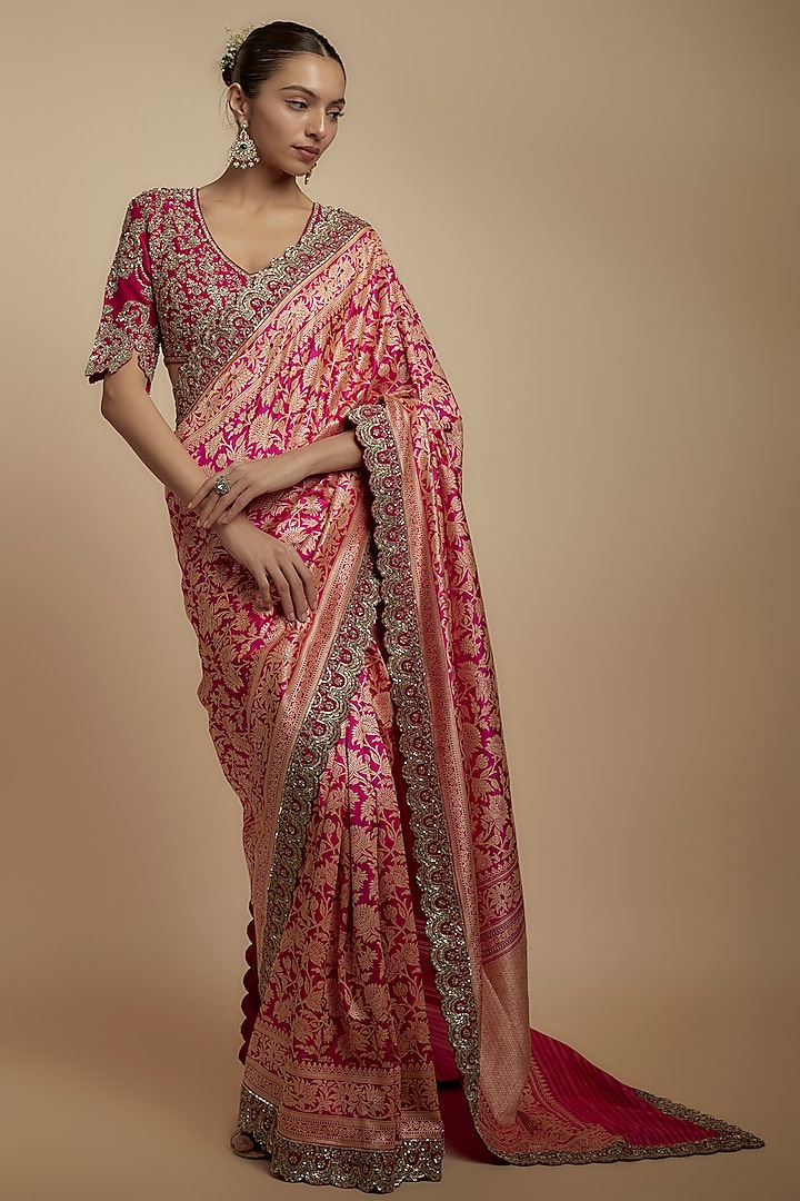 Pink Banarasi Silk Zari Embroidered Saree Set by Jayanti Reddy