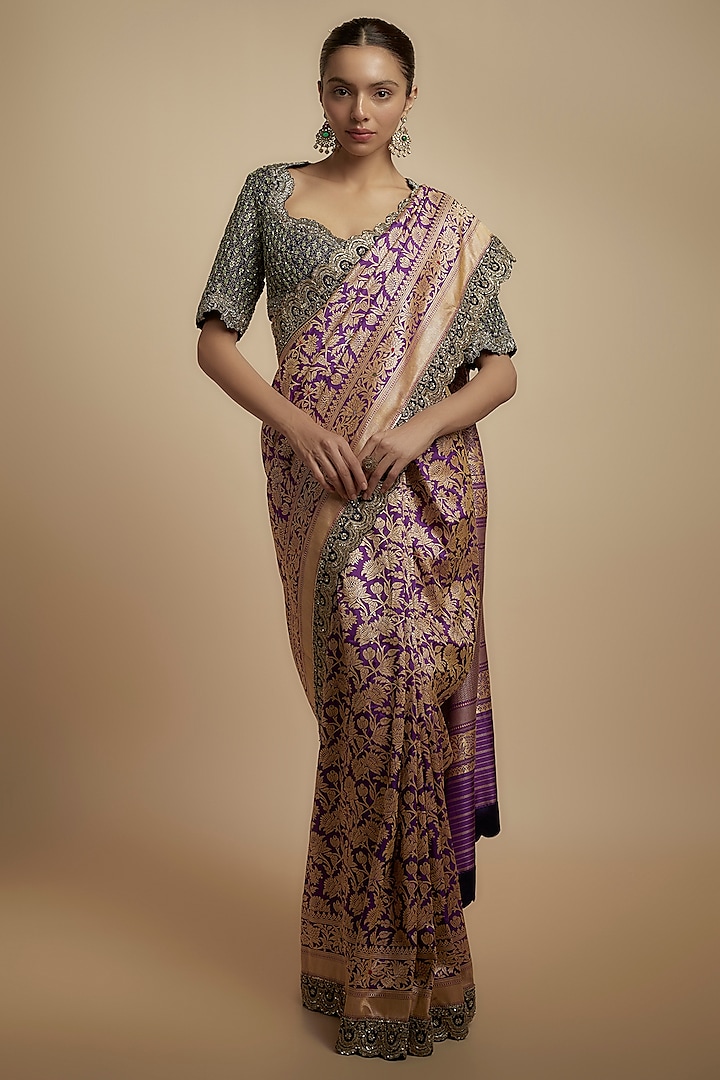 Purple Banarasi Silk Zari Embroidered Saree Set by Jayanti Reddy at Pernia's Pop Up Shop