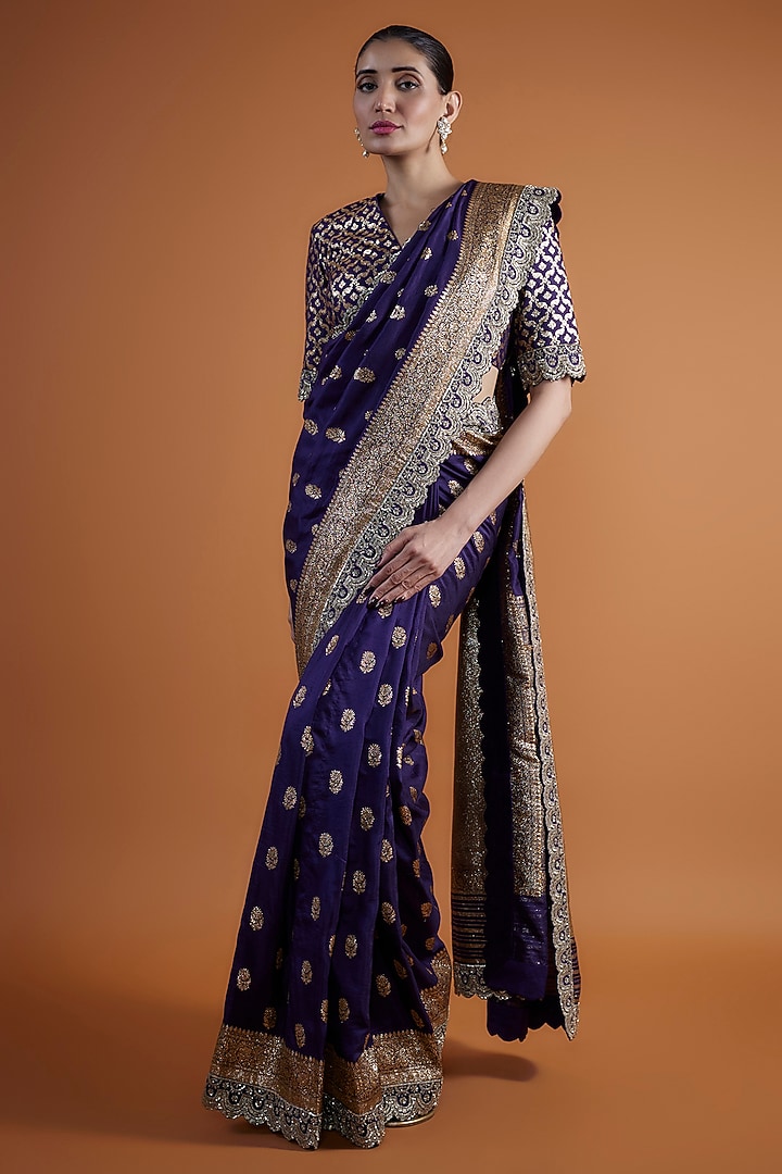 Purple Banarasi Silk Embroidered Bridal Saree Set by Jayanti Reddy at Pernia's Pop Up Shop