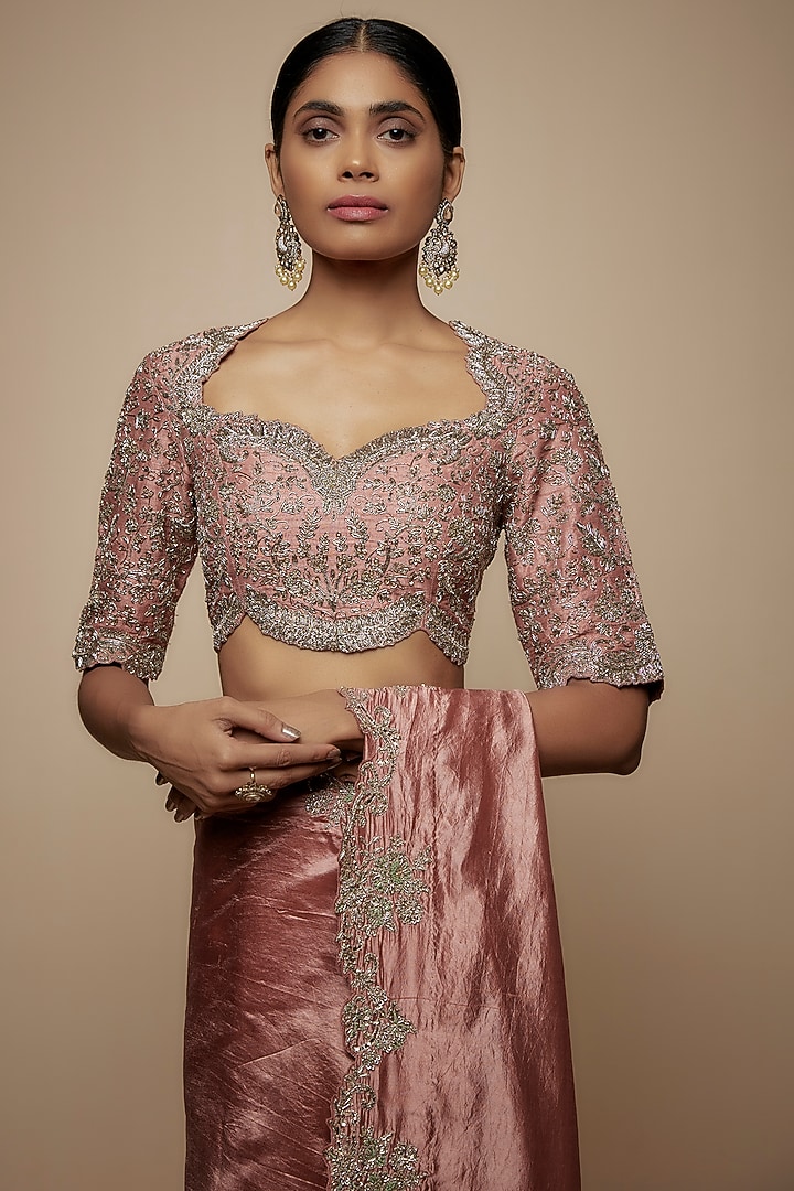 Peach Silk Zari Embroidered Bridal Saree Set by Jayanti Reddy at Pernia's Pop Up Shop