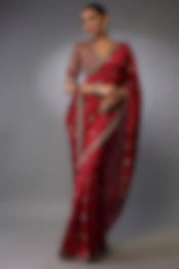 Red Silk Zari Embroidered Bridal Saree Set by Jayanti Reddy at Pernia's Pop Up Shop