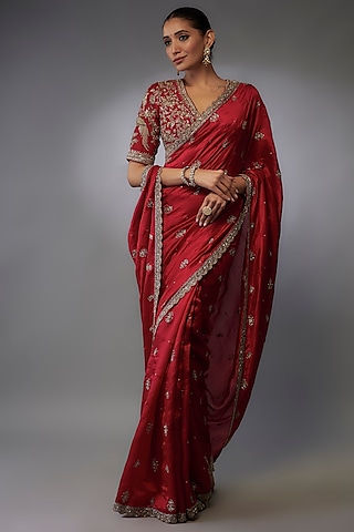 Red Silk Zari Embroidered Saree Set by Jayanti Reddy