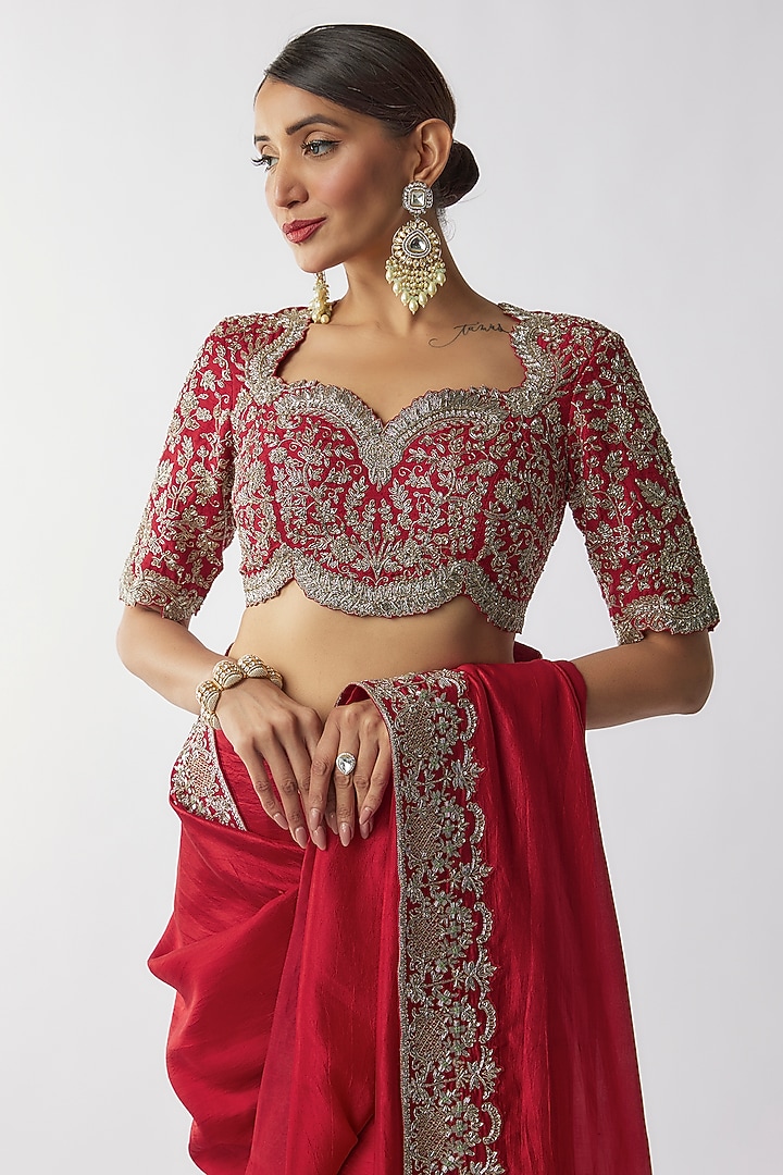 Red Silk Zari Embroidered Bridal Saree Set by Jayanti Reddy at Pernia's Pop Up Shop