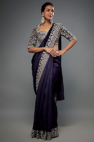 Purple Silk Zari Embroidered Saree Set by Jayanti Reddy