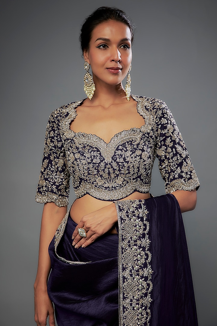 Purple Silk Zari Embroidered Bridal Saree Set by Jayanti Reddy at Pernia's Pop Up Shop