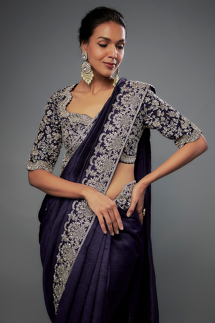 Purple Silk Zari Embroidered Bridal Saree Set by Jayanti Reddy at Pernia's Pop Up Shop
