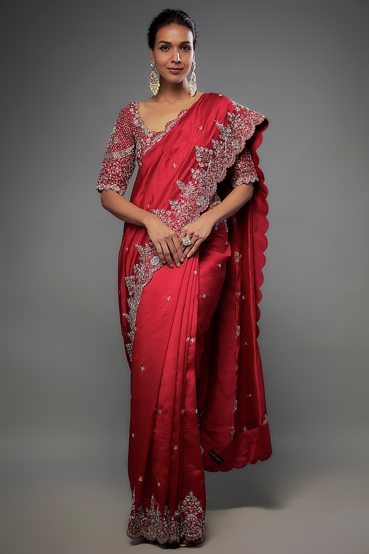 Red Silk Zari Embroidered Saree Set by Jayanti Reddy