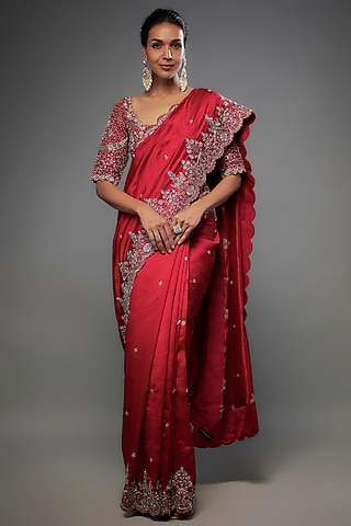 Red Silk Zari Embroidered Saree Set by Jayanti Reddy