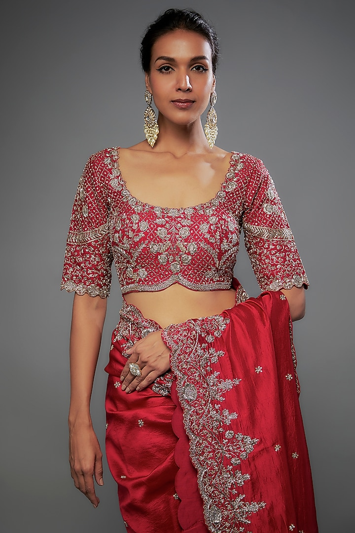 Red Silk Zari Embroidered Bridal Saree Set by Jayanti Reddy at Pernia's Pop Up Shop
