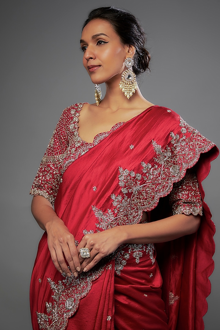 Red Silk Zari Embroidered Bridal Saree Set by Jayanti Reddy at Pernia's Pop Up Shop
