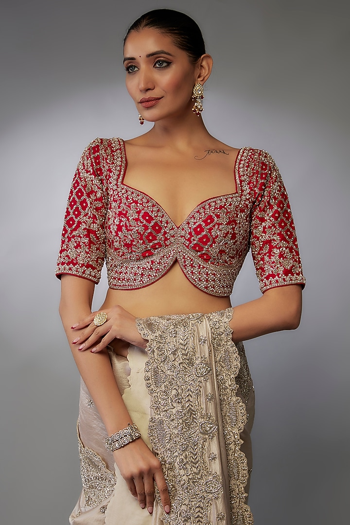 Ivory Silk Zari Embroidered Bridal Saree Set by Jayanti Reddy at Pernia's Pop Up Shop