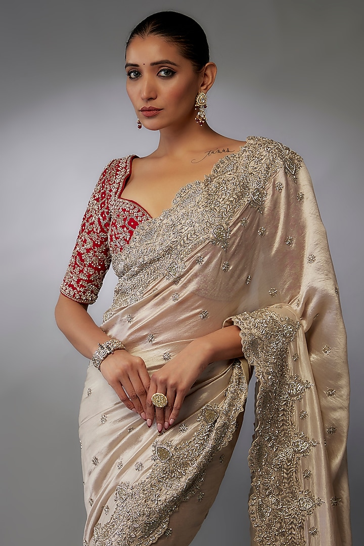 Ivory Silk Zari Embroidered Bridal Saree Set by Jayanti Reddy at Pernia's Pop Up Shop