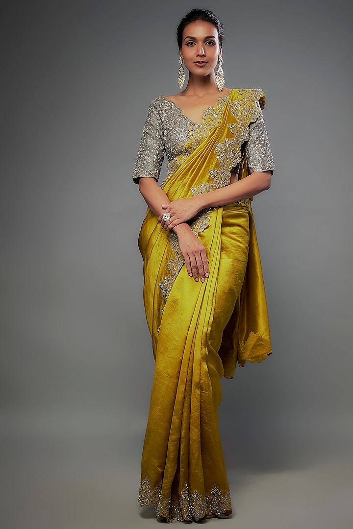 Mustard Silk Zari Embroidered Bridal Saree Set by Jayanti Reddy at Pernia's Pop Up Shop