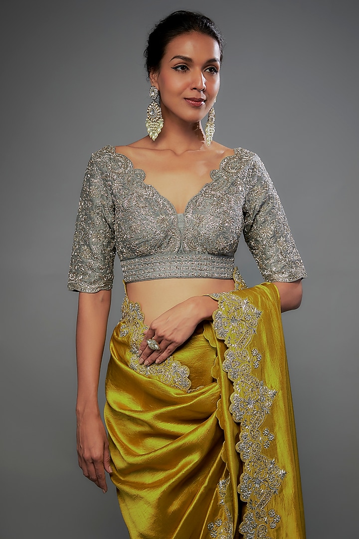 Mustard Silk Zari Embroidered Bridal Saree Set by Jayanti Reddy at Pernia's Pop Up Shop