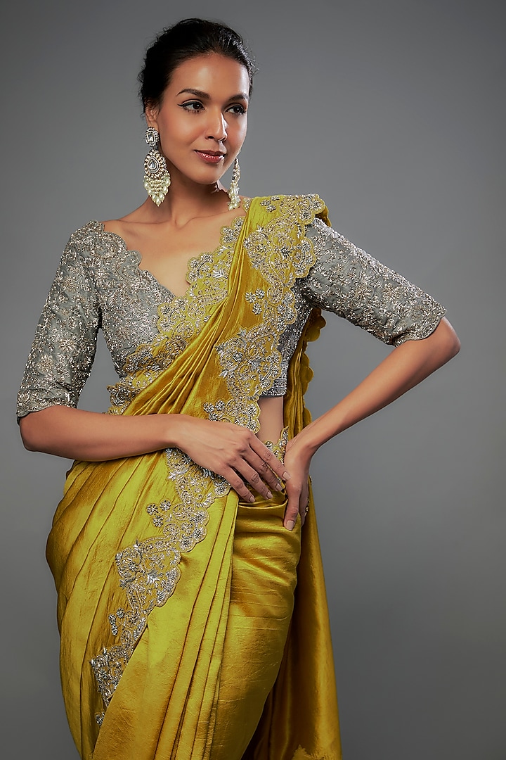 Mustard Silk Zari Embroidered Bridal Saree Set by Jayanti Reddy at Pernia's Pop Up Shop