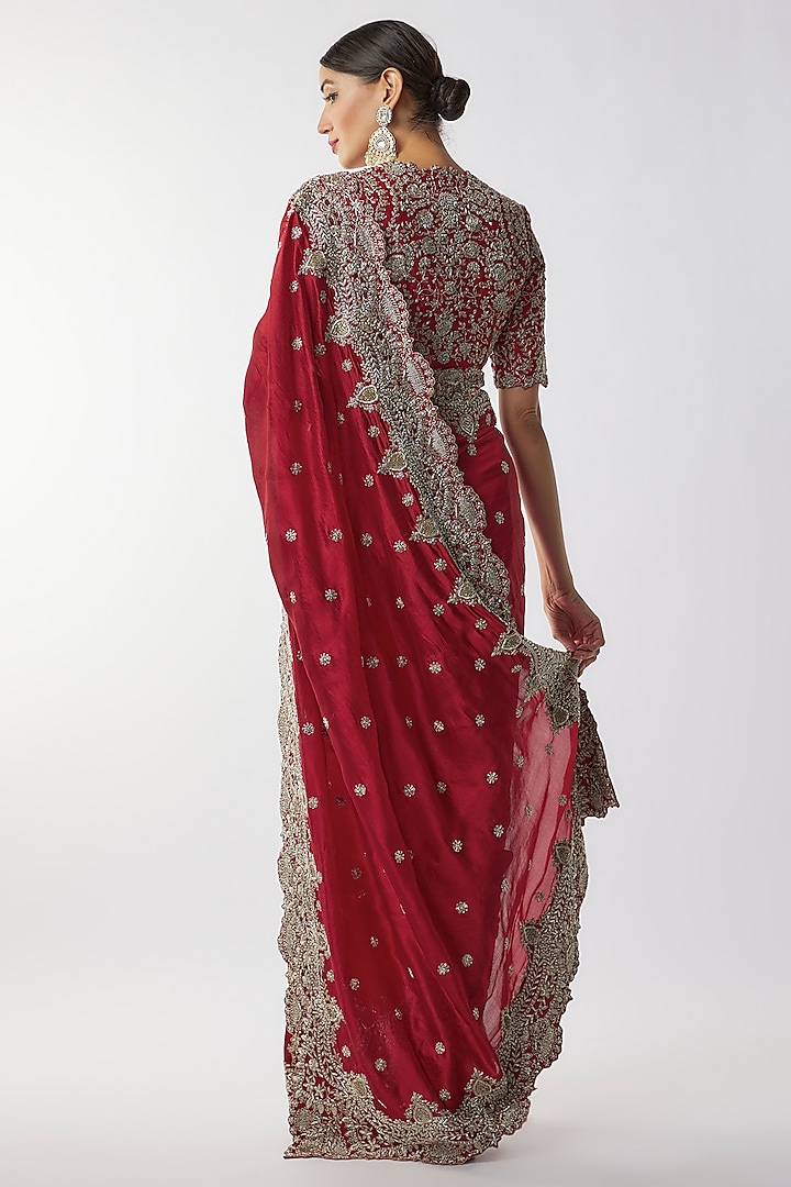 Red Silk Zari Embroidered Bridal Saree Set by Jayanti Reddy at Pernia's Pop Up Shop