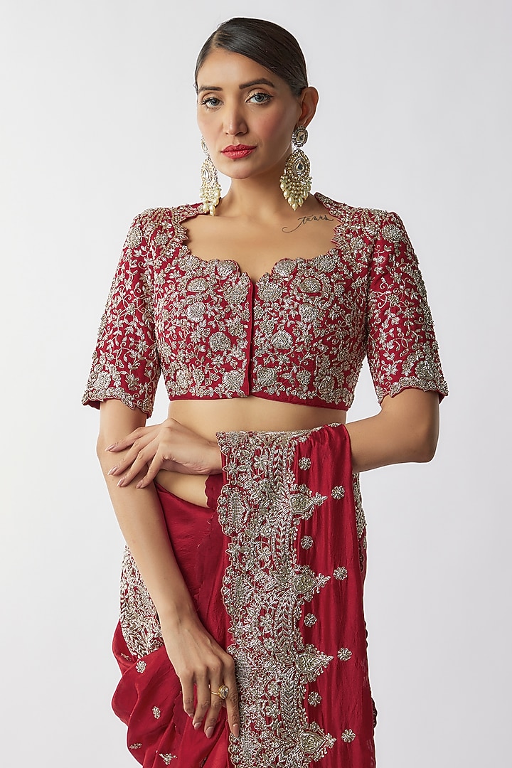 Red Silk Zari Embroidered Bridal Saree Set by Jayanti Reddy at Pernia's Pop Up Shop