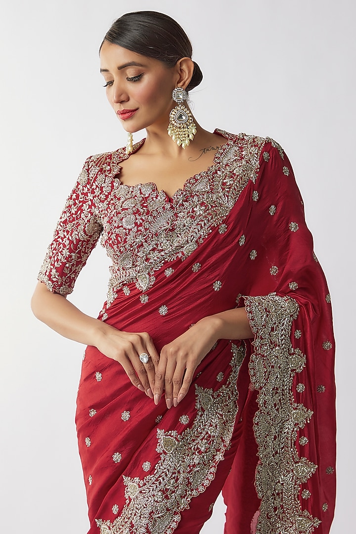 Red Silk Zari Embroidered Bridal Saree Set by Jayanti Reddy at Pernia's Pop Up Shop