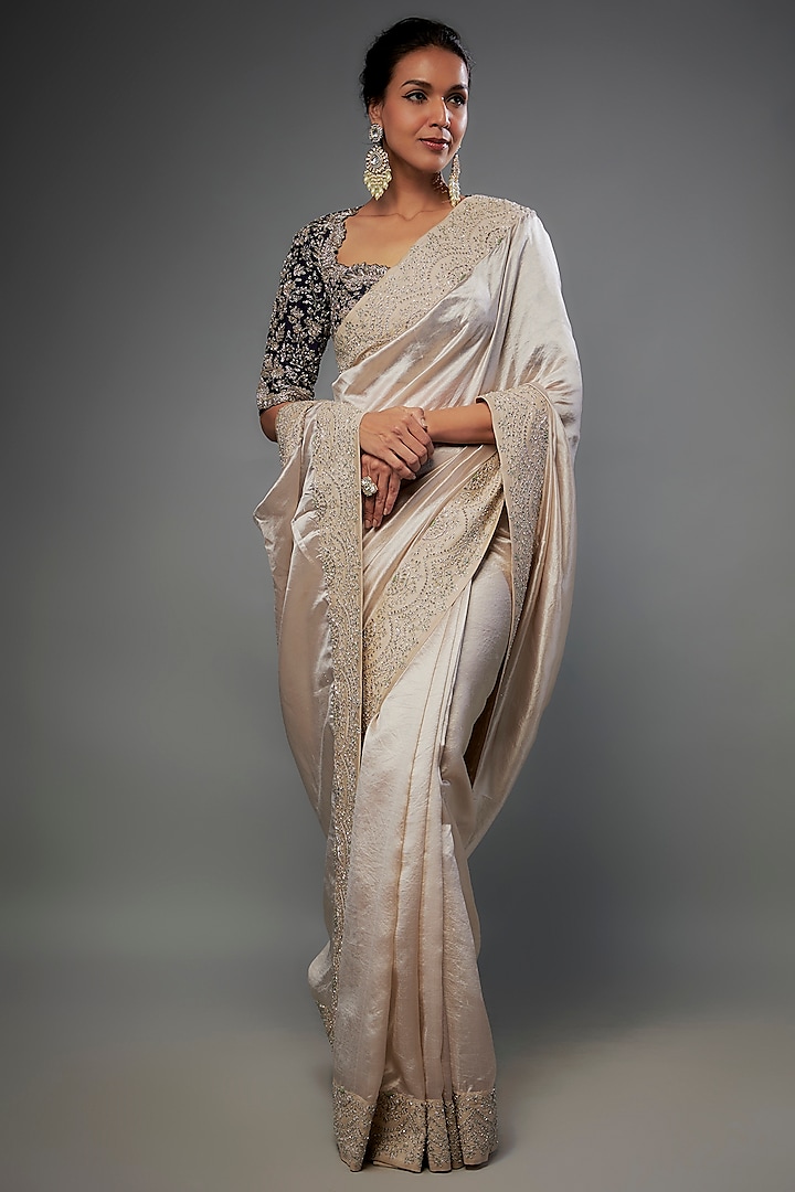 Ivory Silk Zari Embroidered Saree Set by Jayanti Reddy