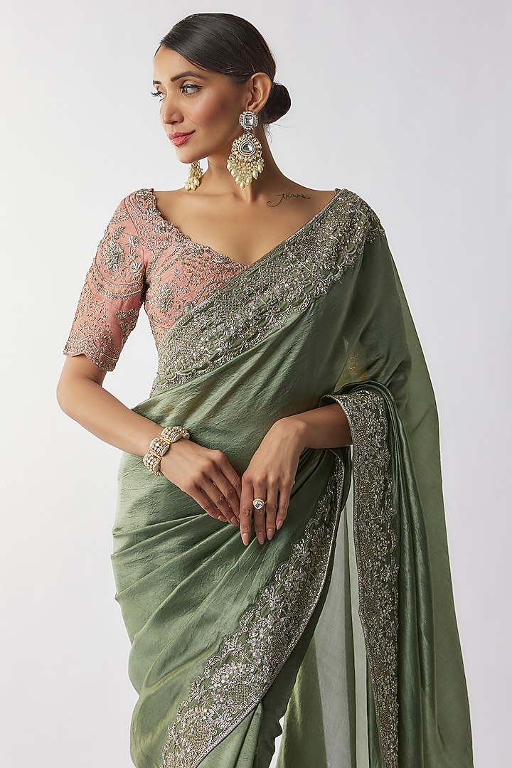 Mint Green Silk Zari Embroidered Bridal Saree Set by Jayanti Reddy at Pernia's Pop Up Shop