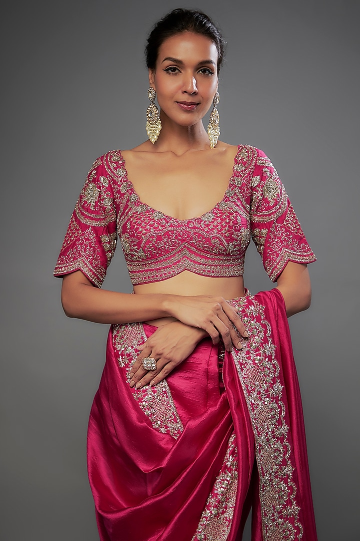 Pink Silk Zari Embroidered Bridal Saree Set by Jayanti Reddy at Pernia's Pop Up Shop
