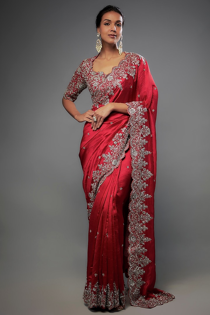 Red Silk Zari Embroidered Saree Set by Jayanti Reddy