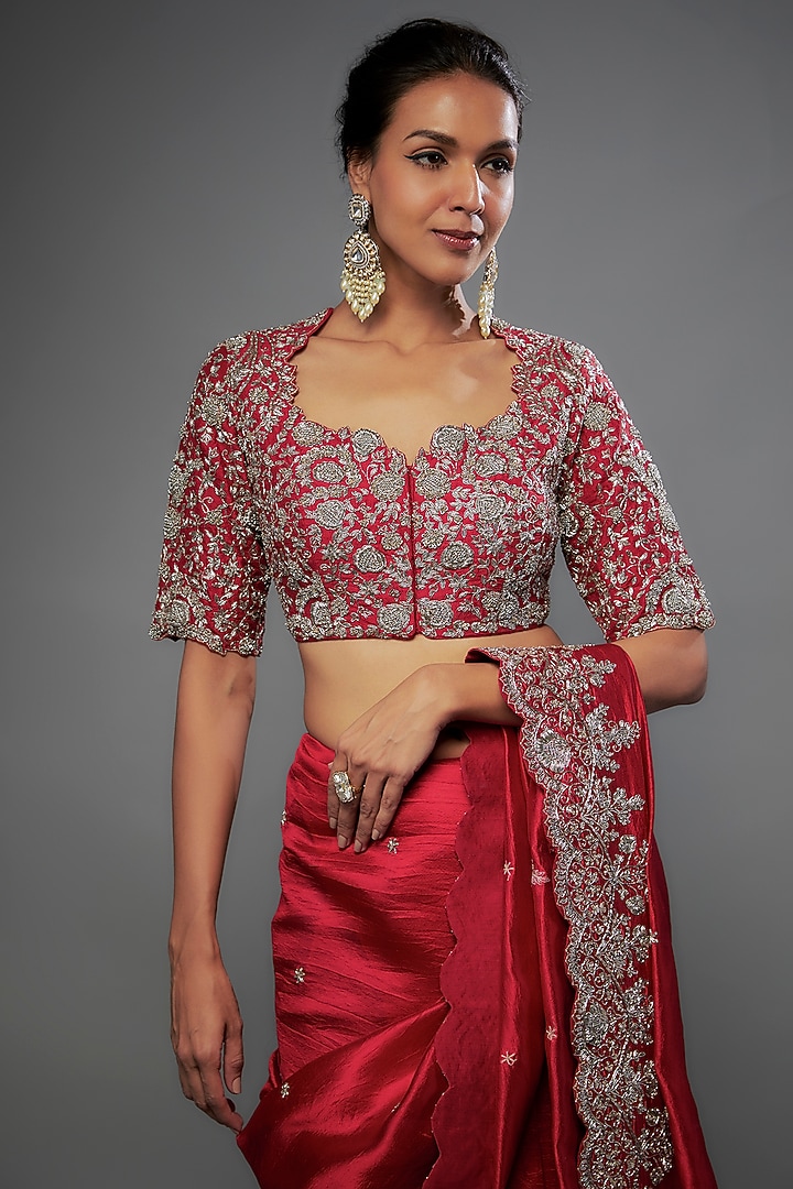 Red Silk Zari Embroidered Bridal Saree Set by Jayanti Reddy at Pernia's Pop Up Shop