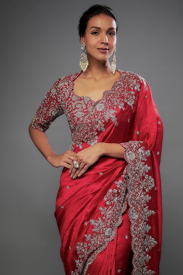 Red Silk Zari Embroidered Bridal Saree Set by Jayanti Reddy at Pernia's Pop Up Shop