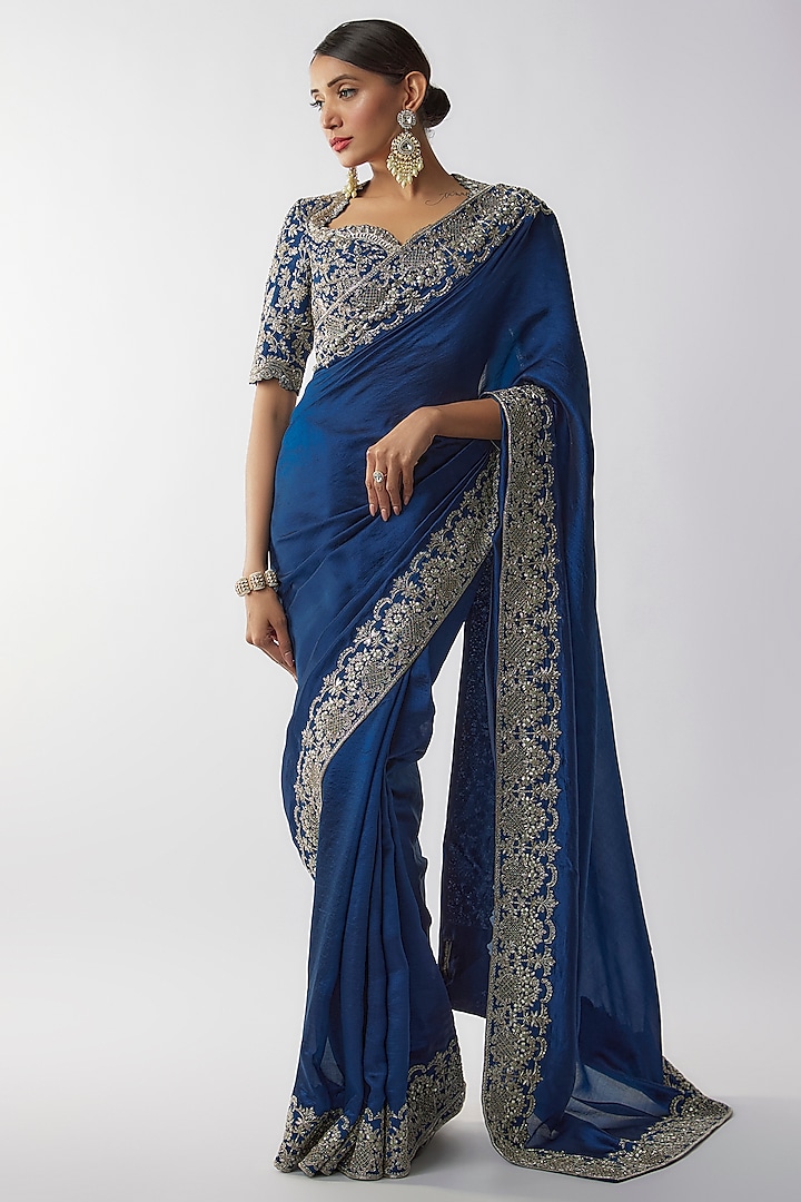 Navy Blue Silk Zari Embroidered Saree Set by Jayanti Reddy