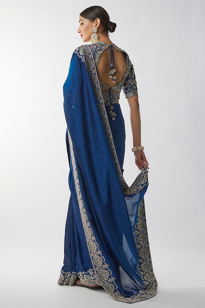 Navy Blue Silk Zari Embroidered Bridal Saree Set by Jayanti Reddy at Pernia's Pop Up Shop