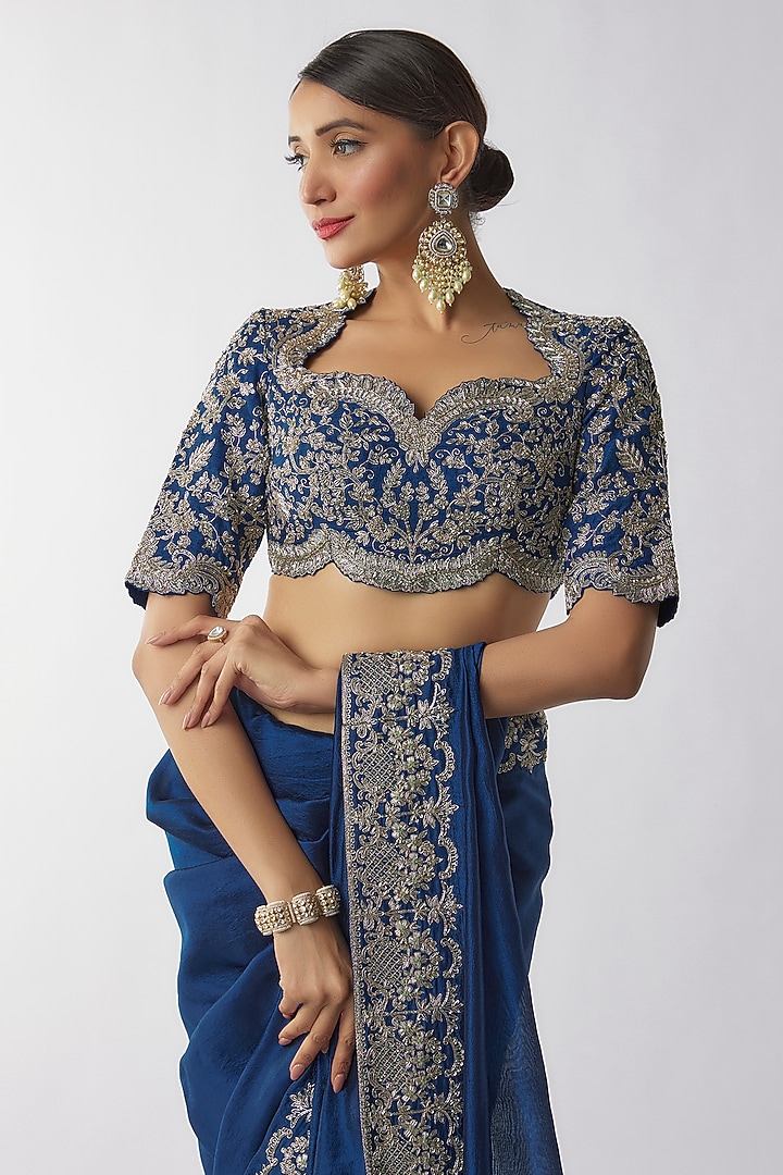 Navy Blue Silk Zari Embroidered Bridal Saree Set by Jayanti Reddy at Pernia's Pop Up Shop
