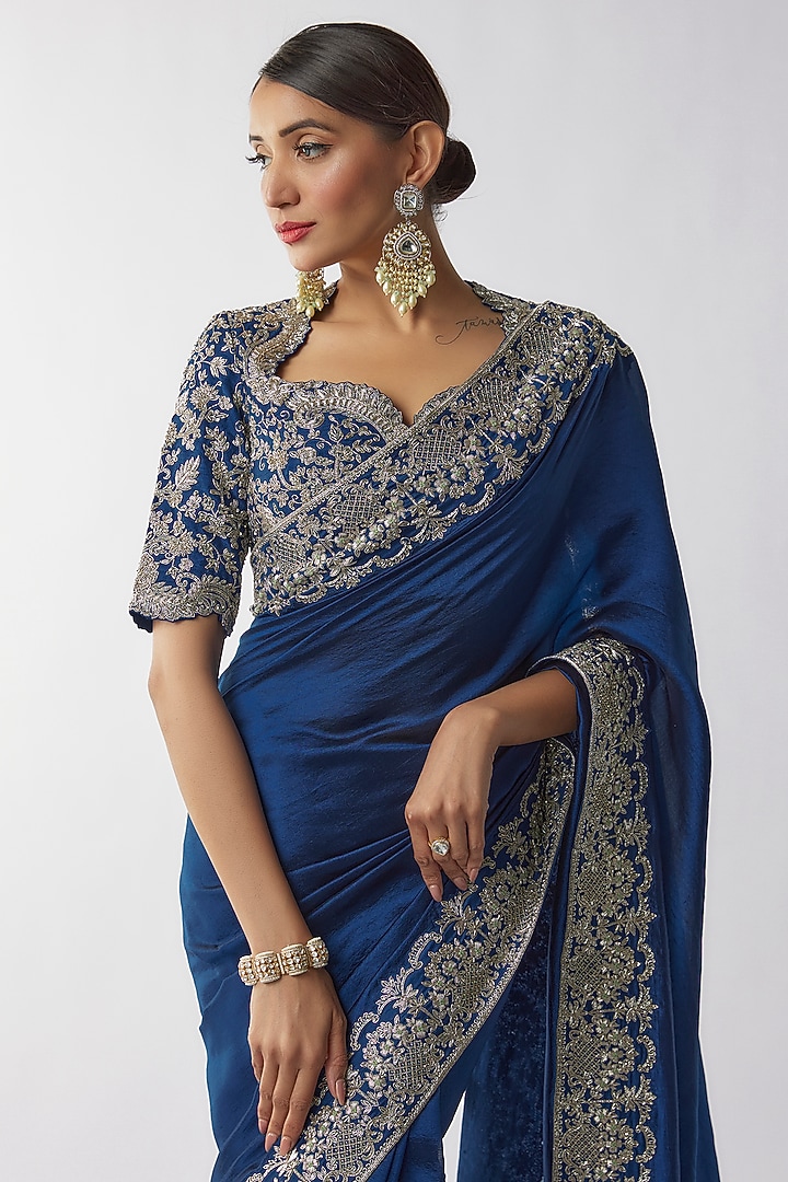 Navy Blue Silk Zari Embroidered Bridal Saree Set by Jayanti Reddy at Pernia's Pop Up Shop