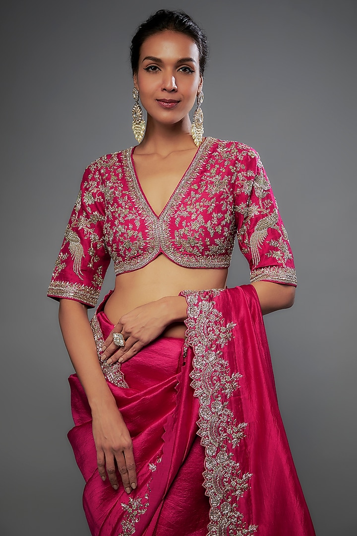 Pink Silk Zari Embroidered Bridal Saree Set by Jayanti Reddy at Pernia's Pop Up Shop