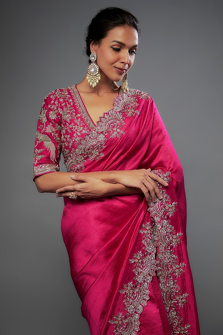 Pink Silk Zari Embroidered Bridal Saree Set by Jayanti Reddy at Pernia's Pop Up Shop