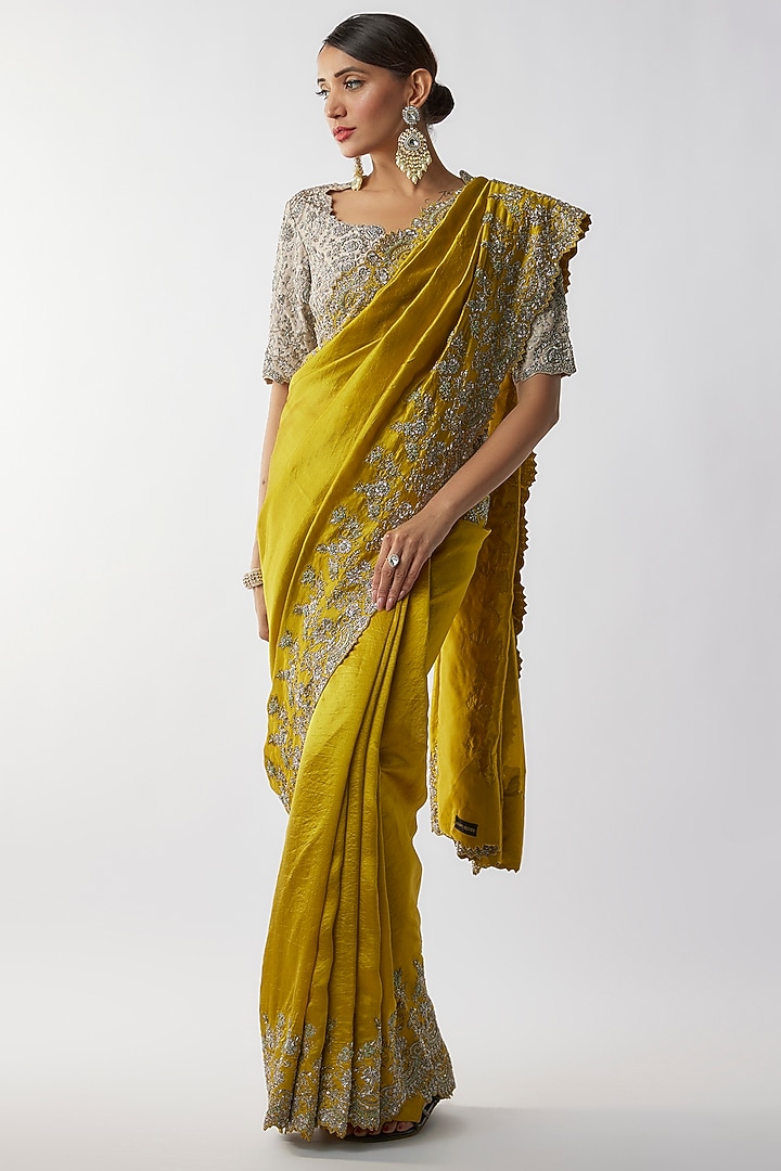 Mustard Silk Zari Embroidered Bridal Saree Set by Jayanti Reddy at Pernia's Pop Up Shop
