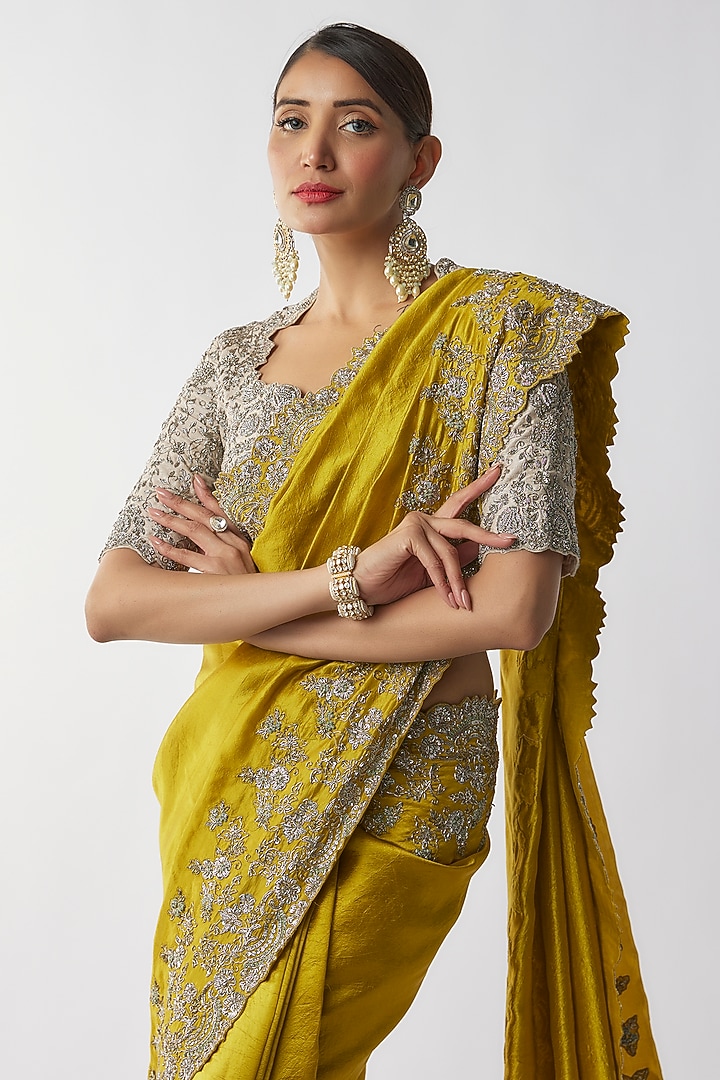 Mustard Silk Zari Embroidered Bridal Saree Set by Jayanti Reddy at Pernia's Pop Up Shop