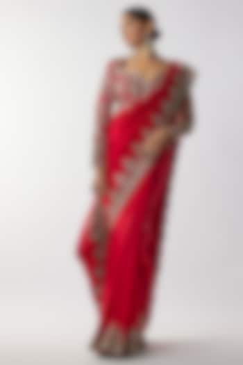 Red Silk Zari Embroidered Saree Set by Jayanti Reddy at Pernia's Pop Up Shop