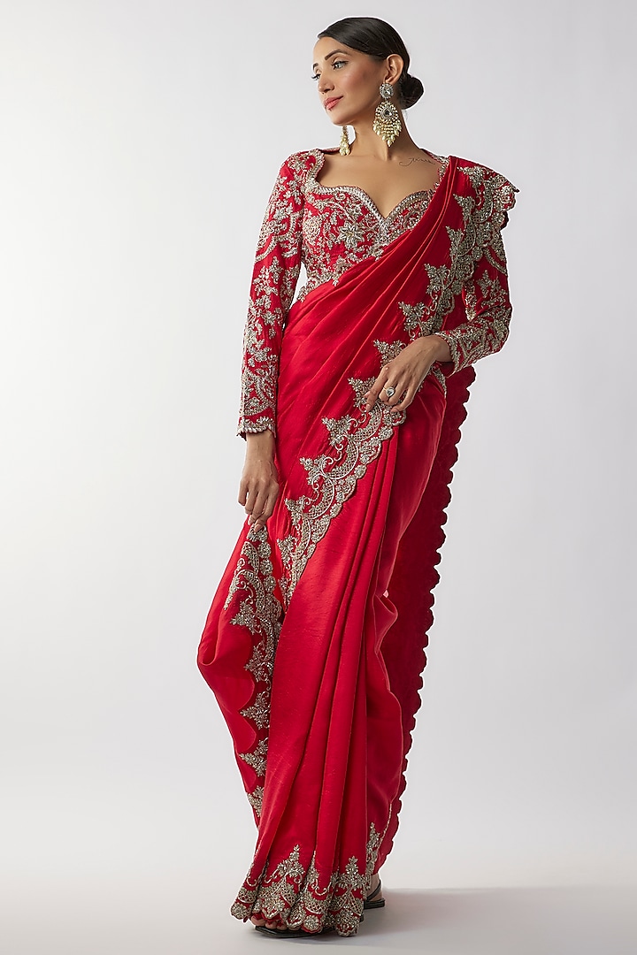 Red Silk Zari Embroidered Saree Set by Jayanti Reddy at Pernia's Pop Up Shop